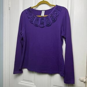 Artsy Purple Long Sleeve Shirt Womens Cotton Blend Embroidered Collar Large